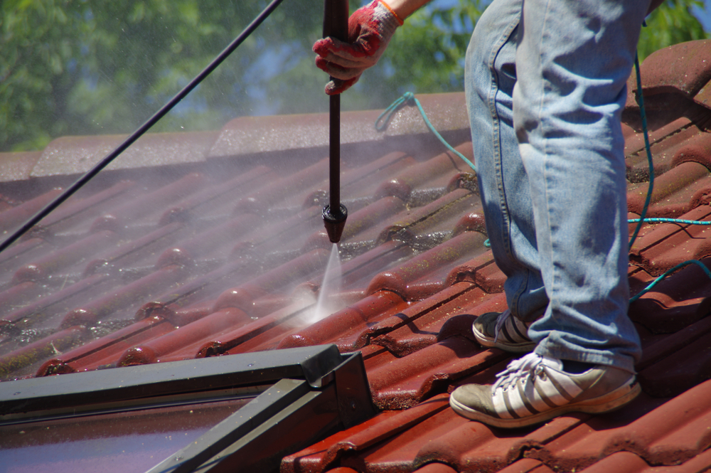 House,Roof,Cleaning,With,Pressure,Tool.,Moss,Removing,With,Water.